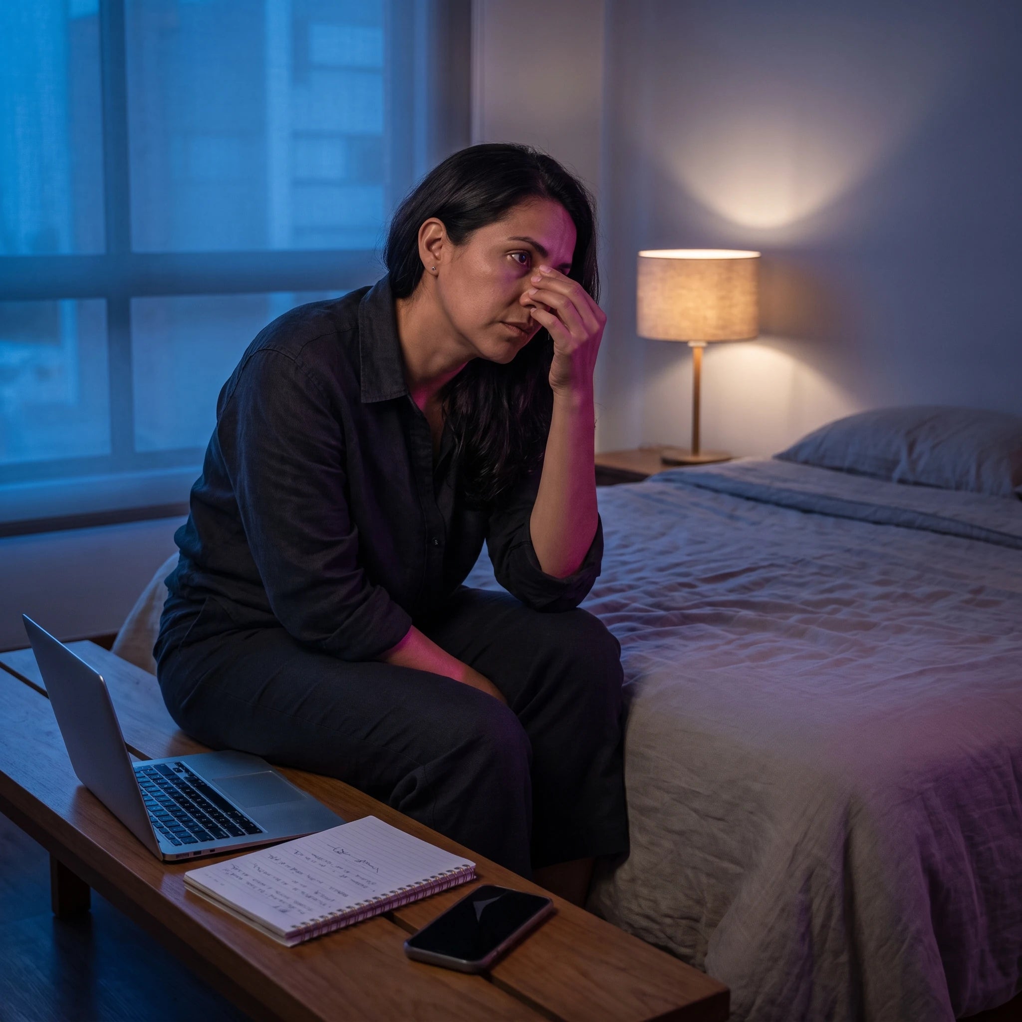 Mujer cansada al final del día, sentada junto a su cama con el portátil parcialmente cerrado y la mente todavía activa