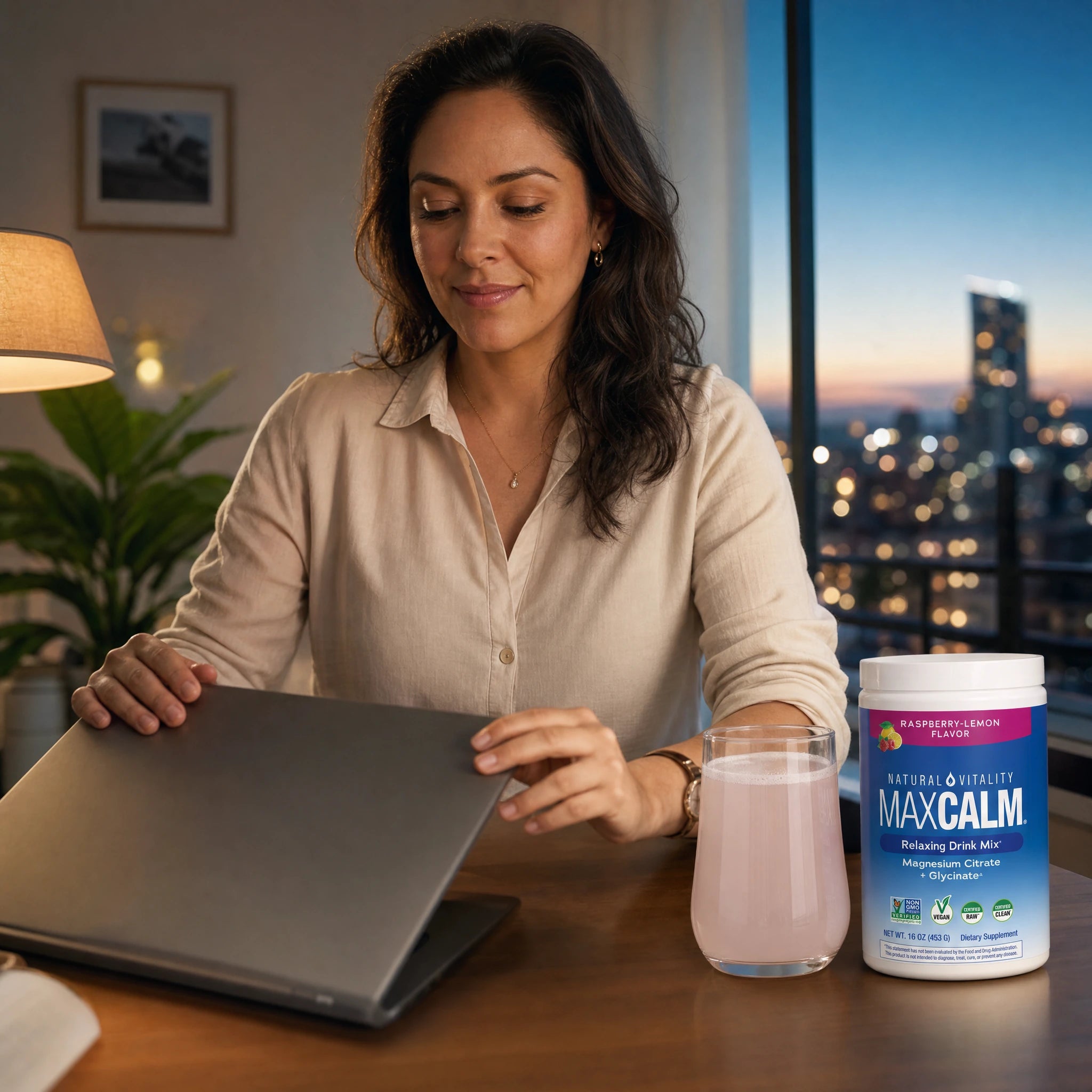 Mujer cerrando su portátil al final del día junto a un vaso preparado y MAXCALM